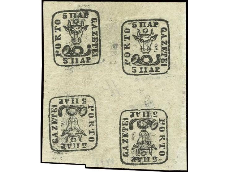 Small bull's heads 5 par. black with broken frame, block of four with 2 tête-bèche pairs, unused, very fine, signed Heimbüchl