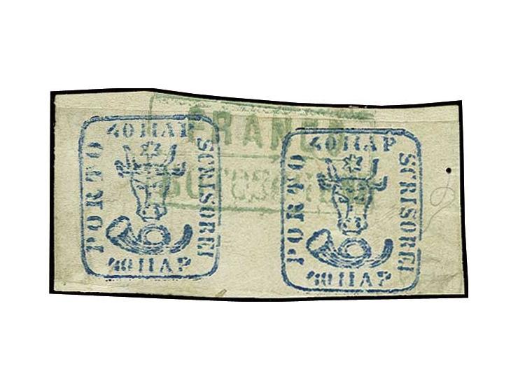 40 par. blue, horizontal pair with good to wide margins, cancelled by green "FRANCO BOTOSCHENII" on small piece, fine, signed