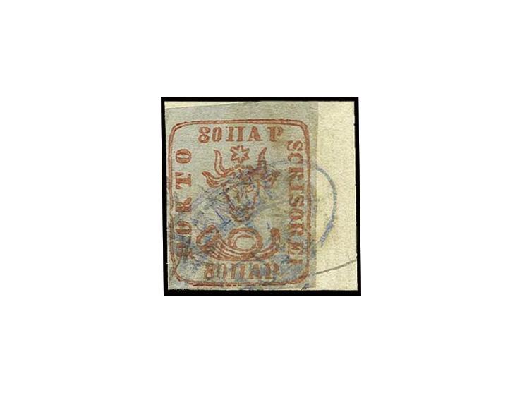 80 par. red on blueish paper, good to wide margins, tied by lilac blue oval "FRANCO JASSY" to small piece, very fine, signed 