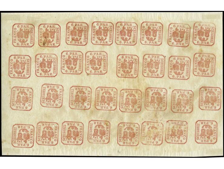 1862, Handstruck from single dies: 6 par. brownish red, cpl. sheet of 32 stamps, unused, most stamps never hinged; some light