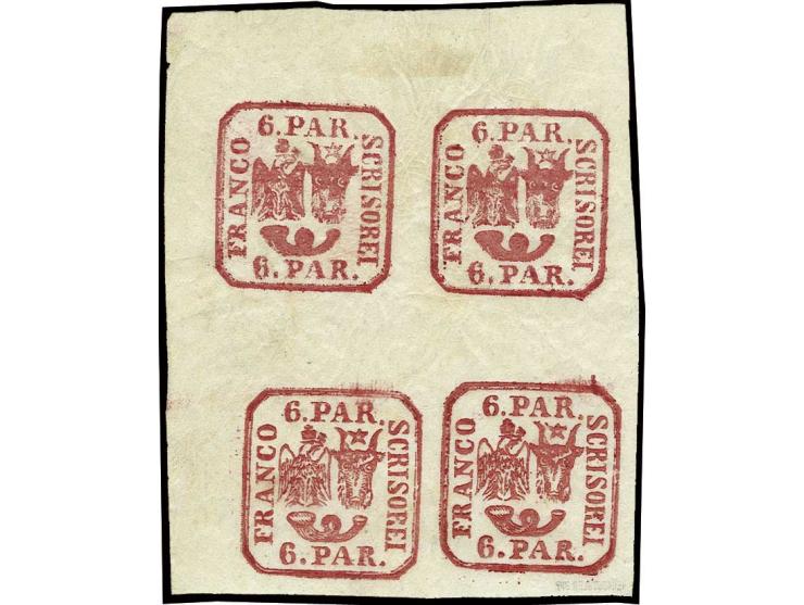 6 par. carmine red, block of four, unused, very fine, signed Heimbüchler BPP