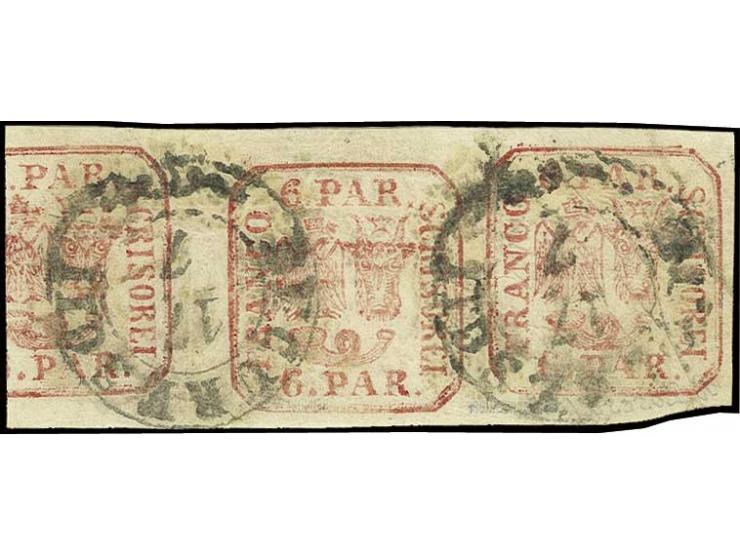 6 par. carmine red, horizontal pair with part of a third stamp, large margins all around, used with cds.  "BUCURESCII 17/7"; 