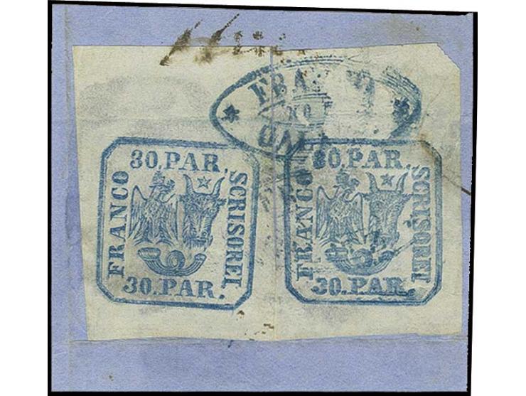 30 par. blue, 2 large margined copies from the top sheet margin, used with blue oval  "FRANCO GALATZ" on piece; horizontal cr