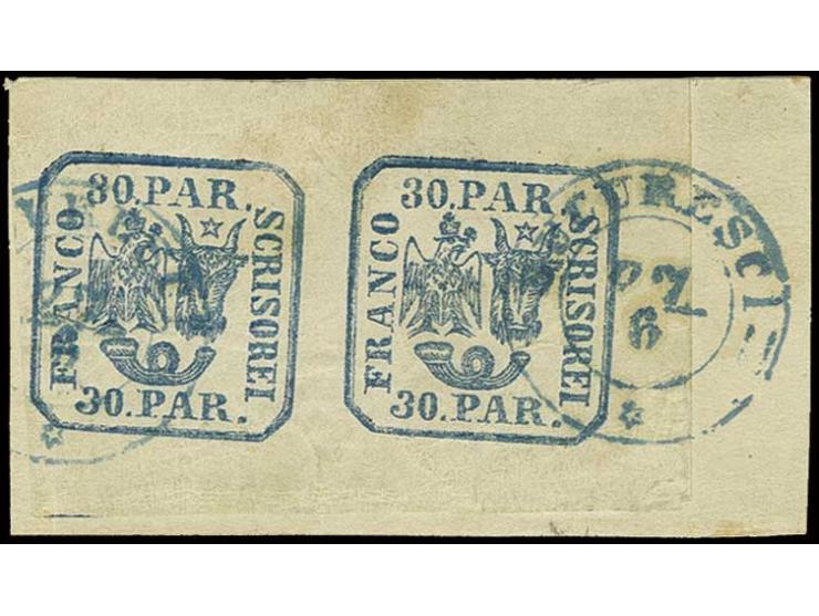 30 par. blue, horizontal pair with good to very large margins, tied by clear blue cds.  "BUCURESCI 27/6" on piece, very fine,