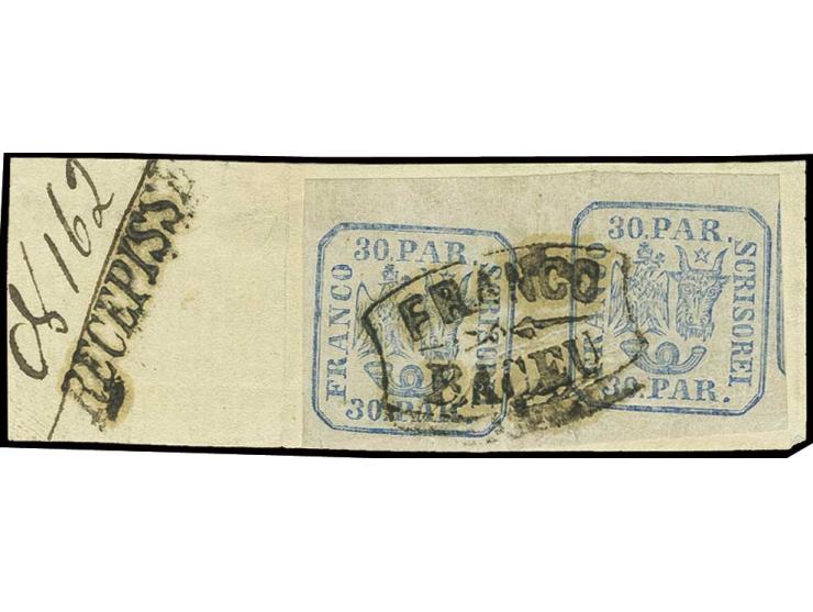 30 par. blue, horizontal pair with good to wide margins, tied by fancy  "FRANCO BACEU" to piece with adjacent "RECEPISSE", so
