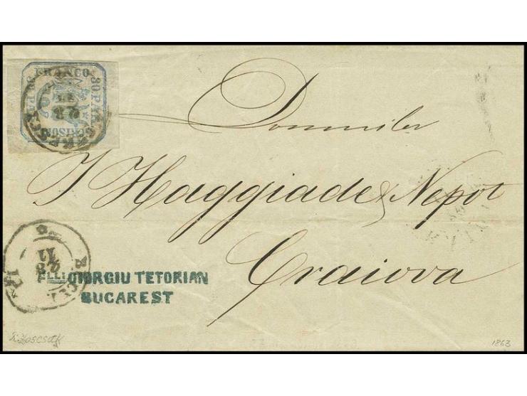 30 par. blue, good to wide margins, tied by cds. "BUCURESCI 18/11" to entire letter to Craiova with arrival mark, fine, signe
