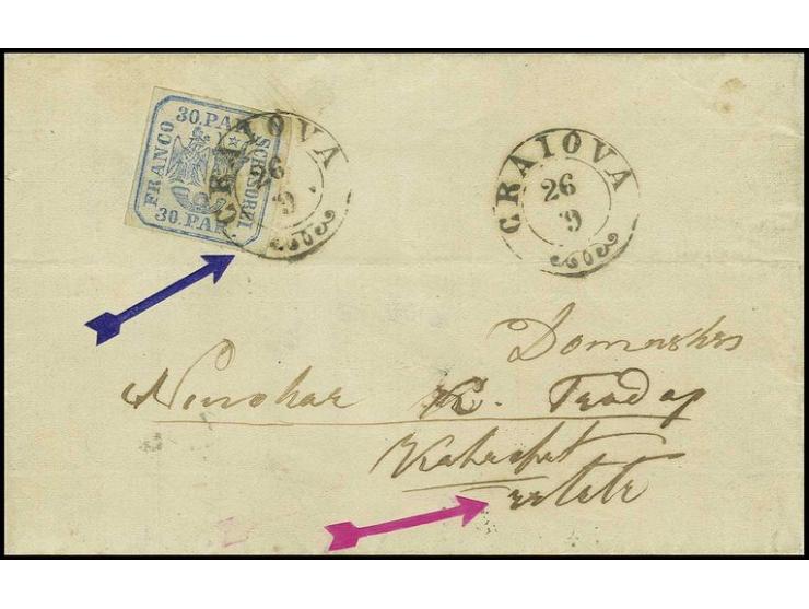 30 par. blue, good to wide margins, tied by cds. "CRAIOVA 26/9" (1864) to cpl. letter to Calafat with arrival mark, fine, cer