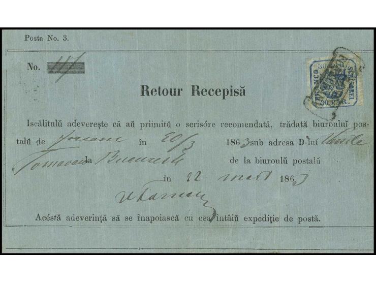 30 par. blue, slightly touched at bottom, otherwise good margins, tied by fancy "FRANCO FOKSCHANY" to recepisse (1863) fine, 