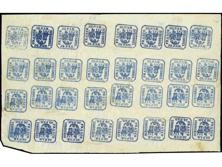 30 par. blue on laid paper, cpl. sheet of 32 stamps with slight double printing on pos. 2 and 26, unused, most stamps never h