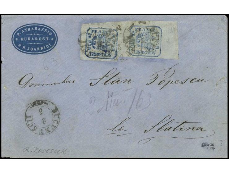 30 par. blue on laid paper, vertical pair with large marins all around, tied to cover from Bucarest to Slatina; the bottom st
