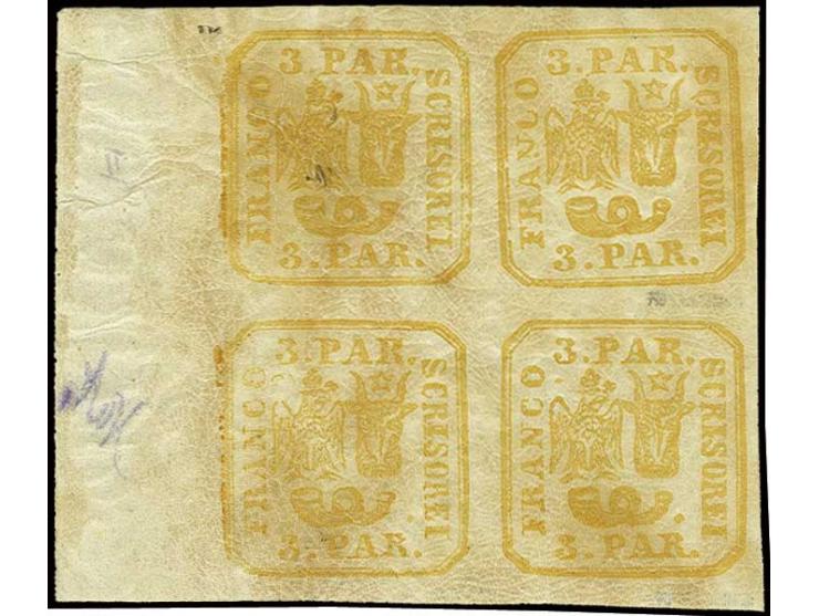Printed from plates: 3 par. yellow, block of four from the left sheet margin, unhinged mint, very fine, signed Heimbüchler BP