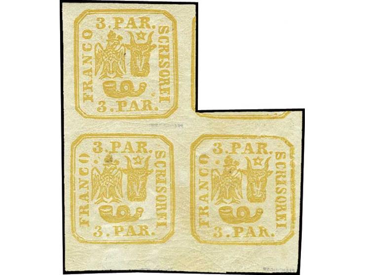 3 par. yellow, block of three, unhinged mint, very fine, signed Pfenninger and certificate Heimbüchler BPP