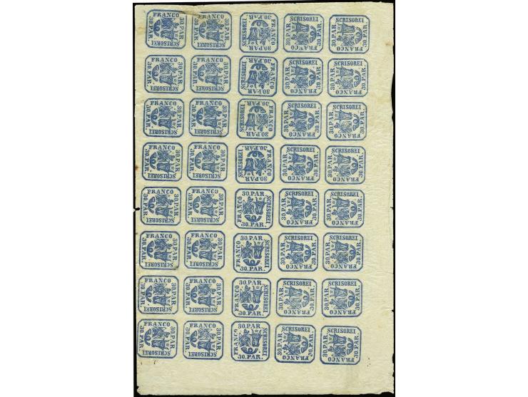 30 par. blue, cpl. of sheet of 40 stamps, unused, most stamps never hinged, 3 stamps faults, opinion Heimbüchler BPP