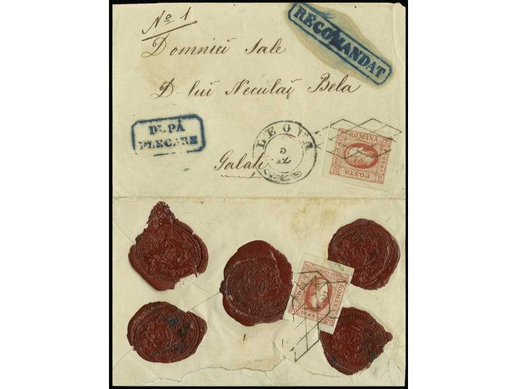 1865, Cuza 20 par. red, 2 copies with grill cancel tied to front and reverse of opened out registered cover from "LEOVA 3/12"