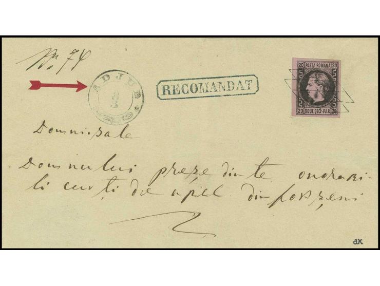 1866, Carol 20 par. on red, good to wide margins, tied by grill obliterator to registered cover (reverse stamp for register f