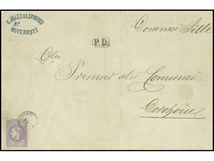 3 b. violet, good to wide margins, tied by small cds. of "BUCARESTI" to uncomplete printed matter to Dorohoj with transit and