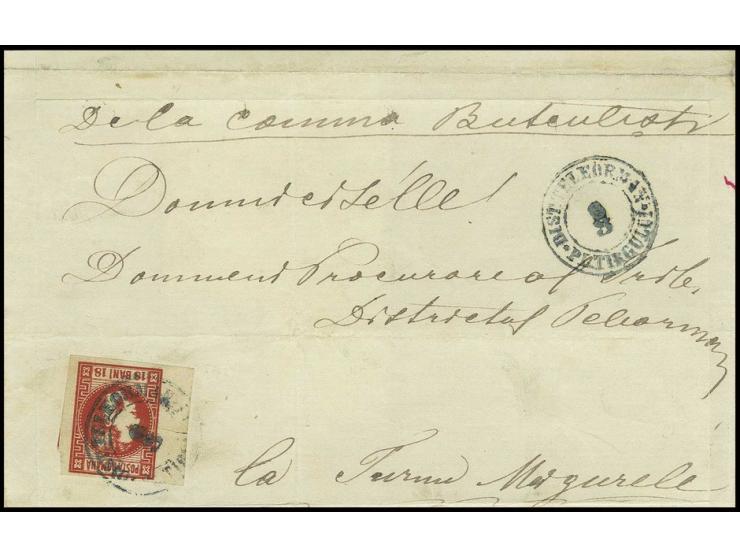 18 b. scarlet, good to wide margins with left sheet margin, tied by cds.  "DIST. TELEORMAN PL. TIRGULUI 6.3." to folded cover