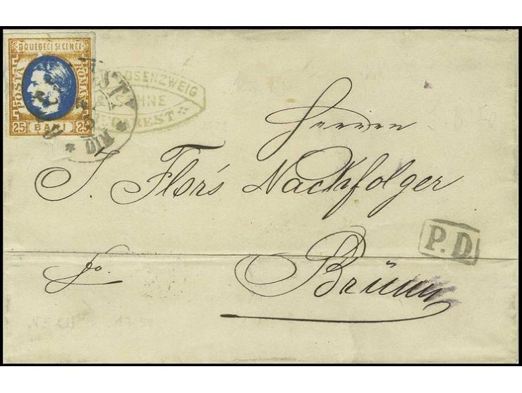 1869, Carol 25 b. orange/blue, good margins, tied by cds. "BUCARESTI 4/5" to folded cover to Brünn with arrival mark