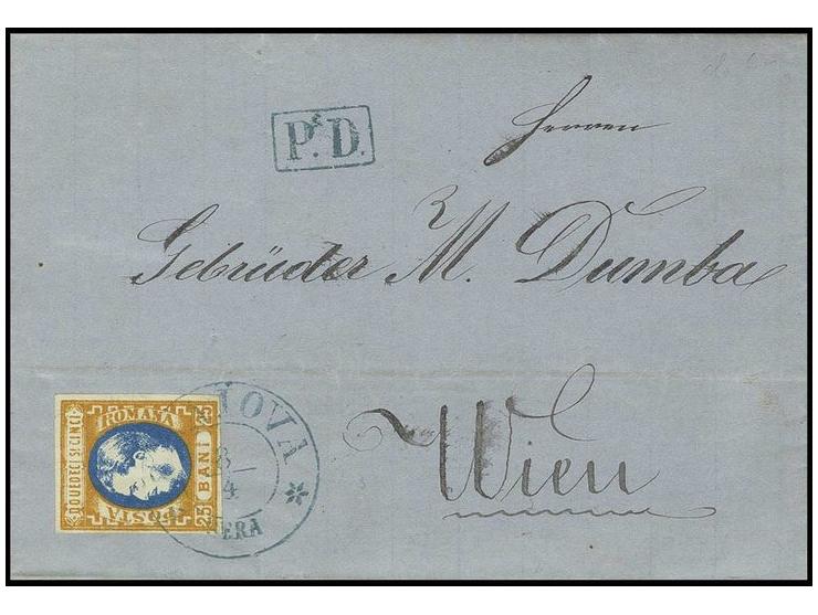 25 b. orange/blue, good margins, tied by blue cds. "CRAIOVA 8/4" to folded cover to Vienna with transit and arrival marks
