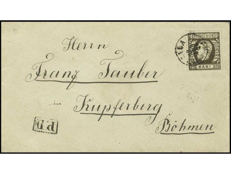 1871, 25 b. brown, good margins all around, tied by cds. "BRAILA 12 JAN 72" to folded cover to Kupferberg in Bohemia with tra