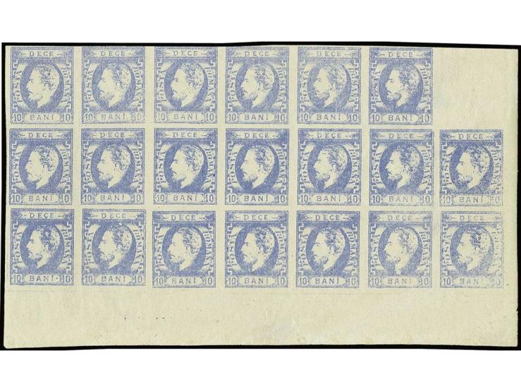 10 bani ultramarine, block of 20 stamps from the lower right sheet corner with empty space, 2 stamps slightly touched, otherw