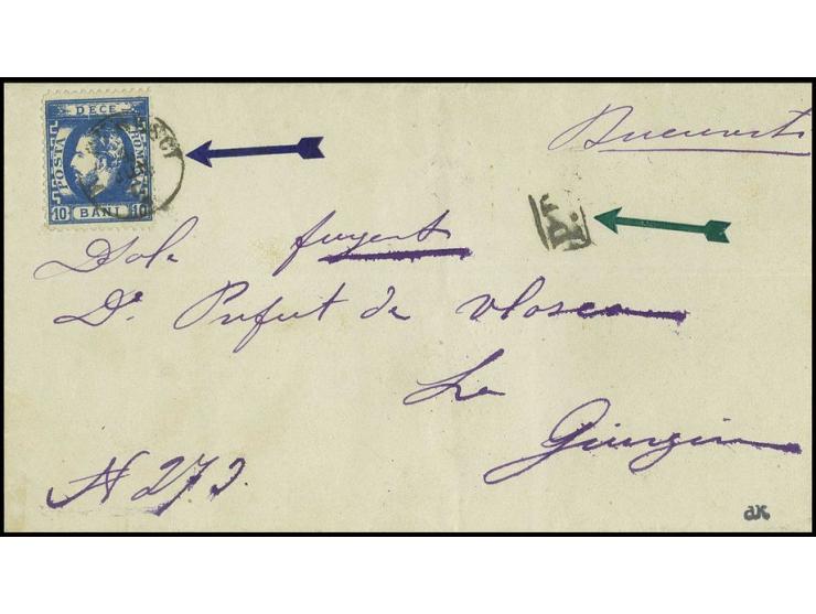 1872, 10 b. blue on cover from "BUCURESCI 4.6." to Giurgiu with arrival mark