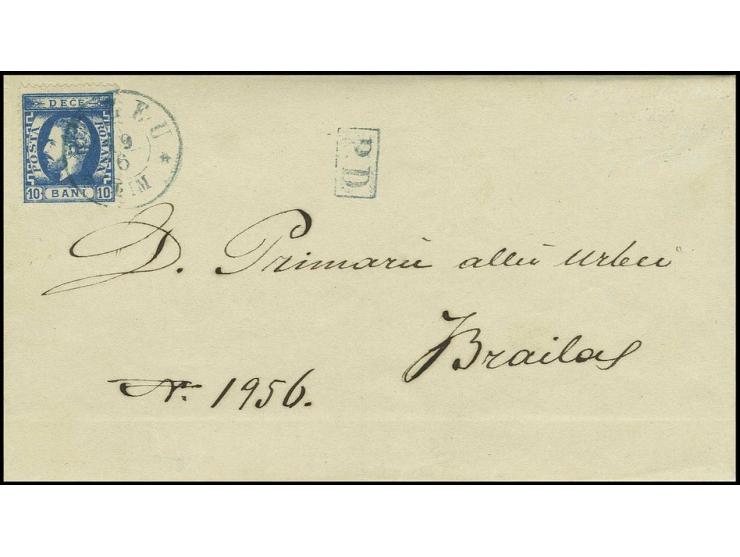 10 b. blue, tied by clear blue  "BUZEU 19/6" to folded cover to Braila, fine, signed Heimbüchler BPP