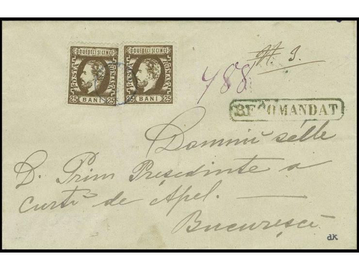 25 bani dark brown, 2 copies, tied by blueish black small single circle "SLATINA" to double rate registered letter to Bucares