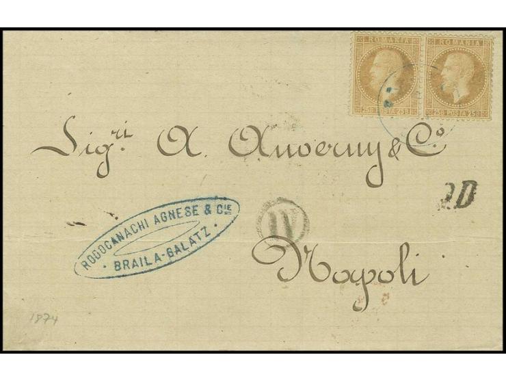 Paris printing 25 b. orange on yellowish, horizontal pair, tied to folded cover from Braila to Napoli with transit and arriva