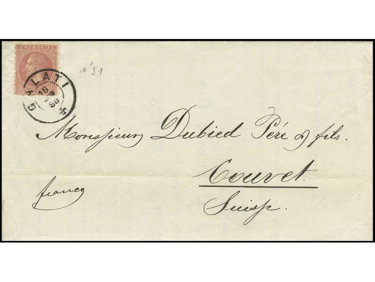 1879, Bucarest printing 10 bani rose on yellow, tied by cds. "GALATI 16 JUN. 80" to printed matter to Switzerland with arriva