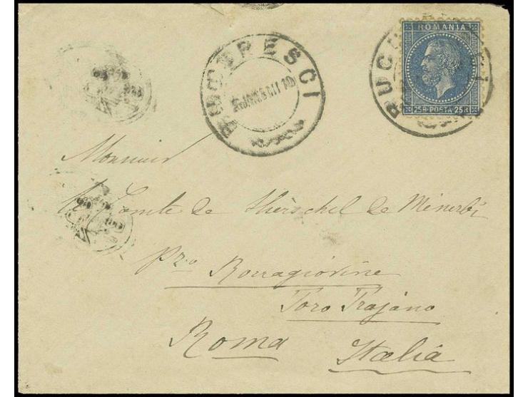 25 bani blue on yellowish, tied to cover from Bucarest 1881 to Rome with arrival mark; envelope opened out for display