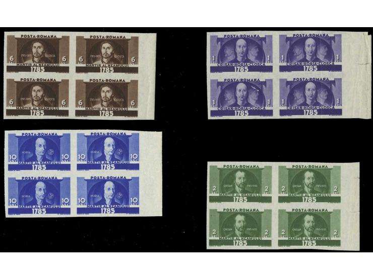1935, Aufstandsführer 1-10 L., ungezähnt, postfrische 4er-Blocks vom Bogenrand, im Rand Mängel, 1 L. zwei Marken senkrechter 