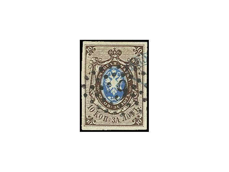 1857, 10 k. darkbrown/blue, fresh colour and good margins all around with almost centric numeral cancel "1" (Taurogen) and pa
