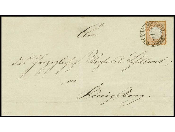 2 Kreuzer orange als seltene Einzelfrankatur mit Thurn und Taxis-EKr. "KOENIGSBERG IN S. COBURG 9/7" auf Falthülle in den eig