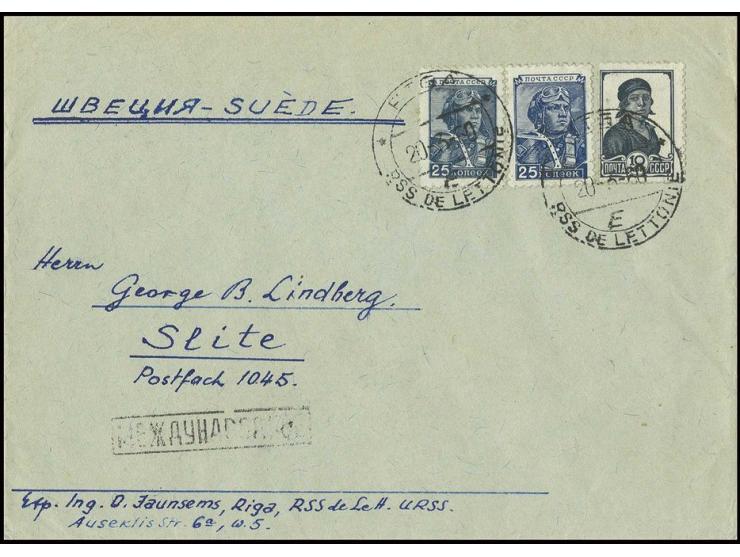 1948/59, aviator 25 k. typographed and same stamp in offset printing together with 10 k. on cover from "RIGA 20.3.60" to Swed