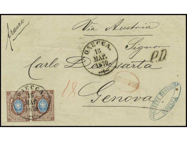 1866, 10 k. horizontal pair tied by cds. "ODESSA 15 MAR 1870" to cover to Genova, fine