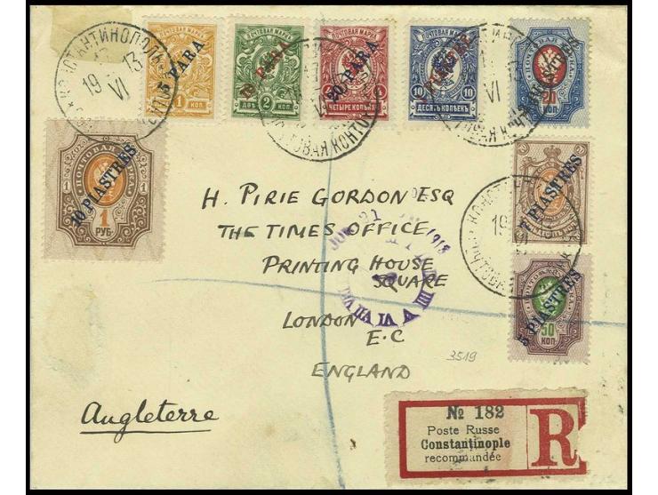 1910, 5 pa. - 10 pia. tied by cds. "CONSTANTINOPEL" to registered cover to London, fine - additional 1872 10 k. tied by cds. 