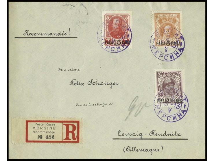 1913, Romanow 5 pa., 15 pa. and 2½ pia. each tied by violett cds. "MERSINA 9 9 13" to registered cover to Leipzig, fine