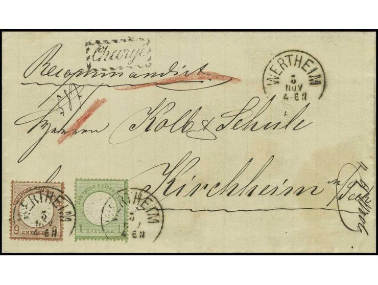 9 Kreuzer rötlichbraun im Kleinformat L15 mit Kleiner Schild 1 Kreuzer gelblichgrün mit Baden-EKr. "WERTHEIM 3 NOV" auf einge