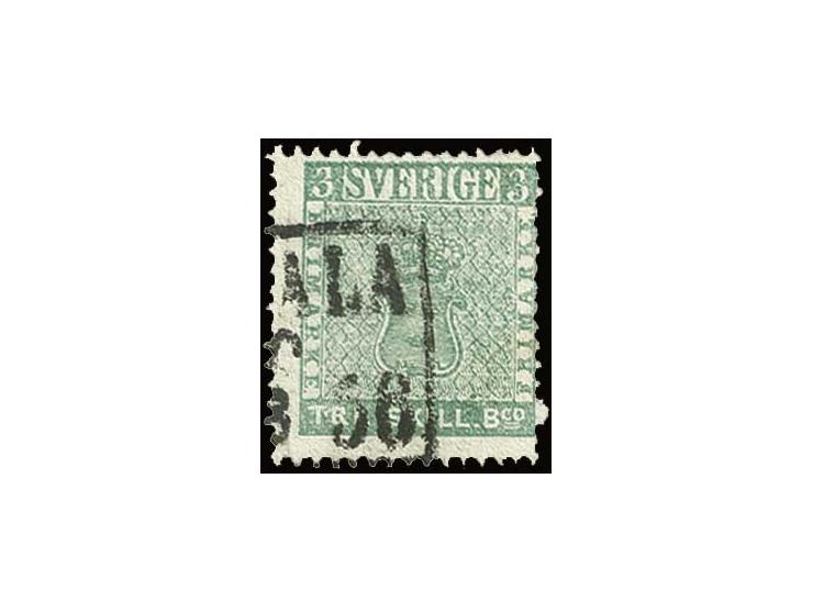 1855, 3 skill. bco. light blueish green with part of the framed "UPSALA/6.8.56", fresh colour with slight perf faults, nice s