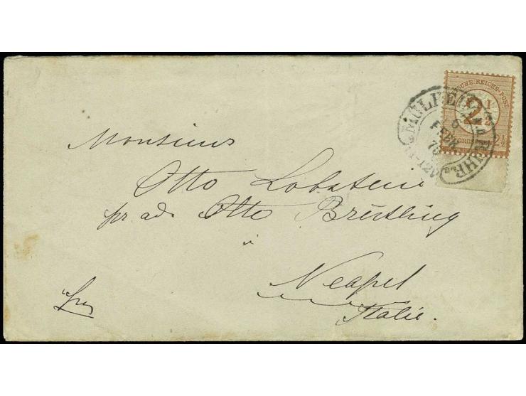 2 ½ auf 2 ½ Groschen braunorange, Unterrandmarke mit Hufeisenstempel "MÜLHEIM A.D. RUHR 6 FEBR. 75" (Spalink 27) auf Brief na