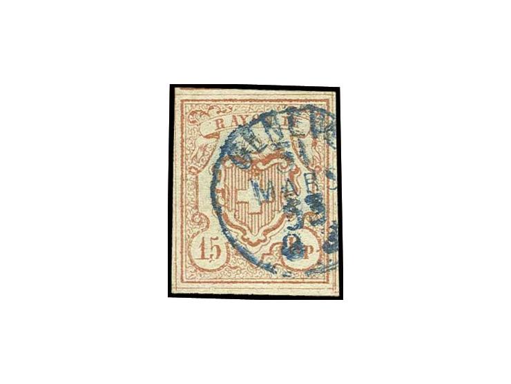 1852, große Ziffer 15 Rp. ziegelrot, Type 10, allseits sehr breitrandig mit allen vier Trennlinien, blauer EKr. "GENEVE 31.3.