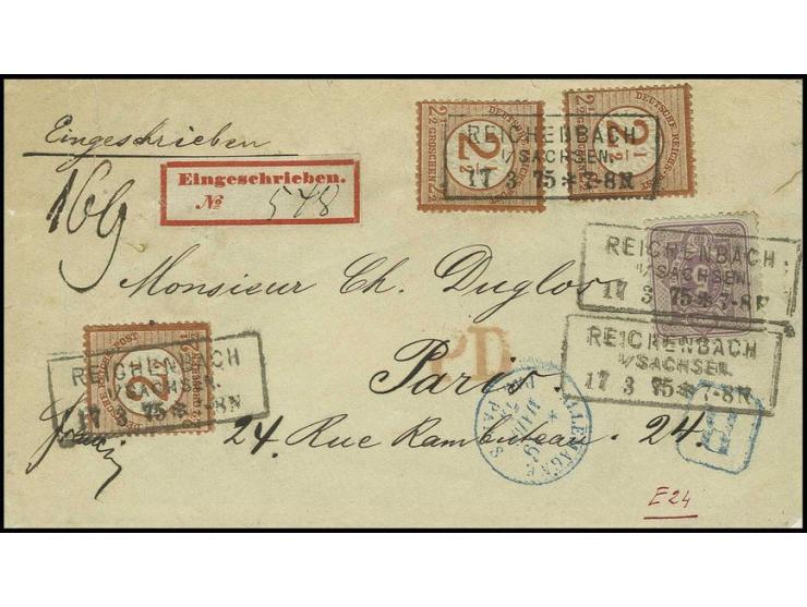 2 ½ auf 2 ½ Groschen braunorange, 3 Einzelwerte in Mischfrankatur mit 1875, 5 Pfennige violett mit Ra3 "REICHENBACH / I / SAC