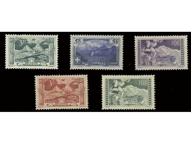 1914, Landschaften 3-10 Fr. sowie 1918, 3 Fr. und 1928, 10 Fr., ungebraucht, Pracht (Mi. 1.150,-)