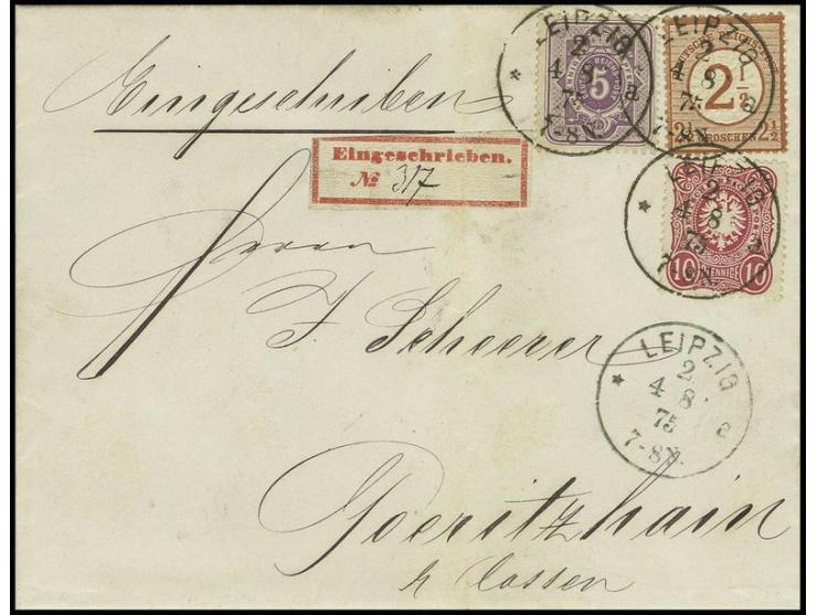 2 ½ auf 2 ½ Groschen braunorange in Mischfrankatur mit 1875, 5 Pfennige violett und 10 Pfennige karmin mit Normstempel "LEIPZ