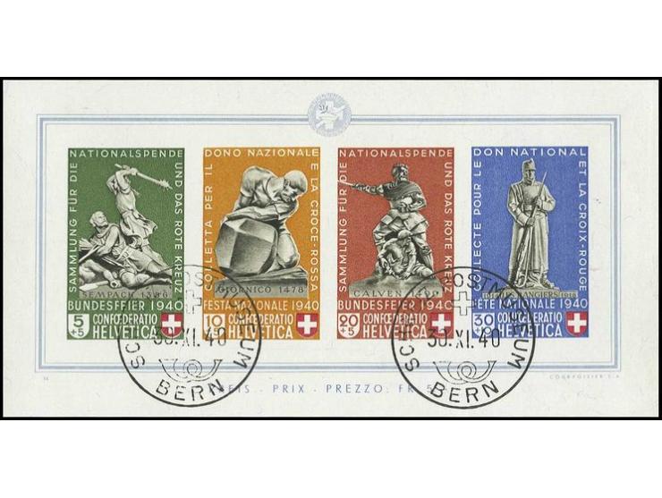 1940, Bundesfeier-Block mit sauberem Stempel "BERN SCHWEIZ. POSTMUSEUM 30.XI.40", Kabinett, Fotoattest Marchand (Mi. 700,-)