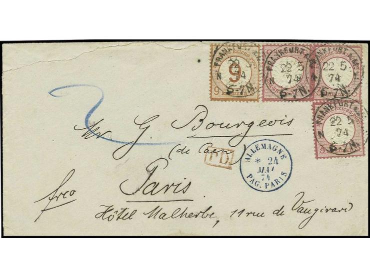 9 auf 9 Kreuzer braunorange und 3 Werte 3 Kreuzer karmin  mit EKr. "FRANKFURT A. M. 22 5 74" auf Brief der 2. Gewichtsstufe n