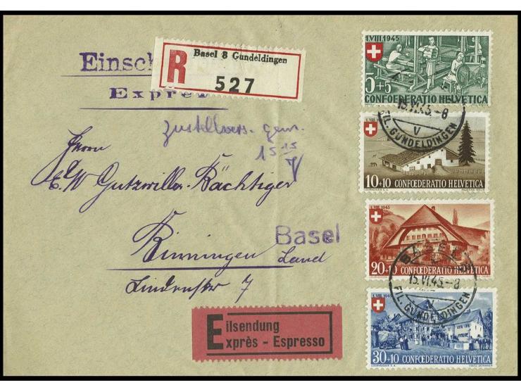 Pro Patria 5-30 C. kpl. mit Ersttagsstempel "BASEL 15.6.45" auf R-Express-FDC nach Binningen mit Ankunftsstempel (Mi. 450,-)
