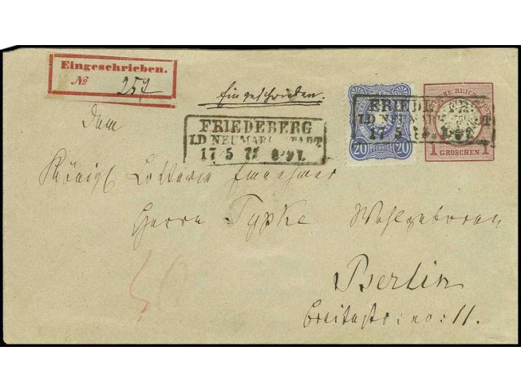 1873, Ganzsachenumschlag 1 Groschen mit Zufrankatur 1875, 20 Pfennige ultramarin mit Preußen-Ra3 "FRIEDEBERG / I.D. NEUMARK S