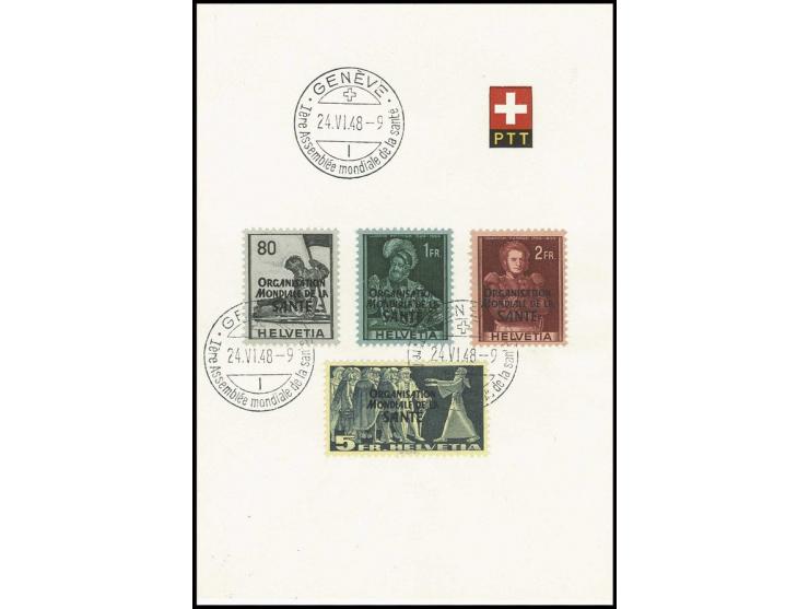 OMS: 1948, 80 C., 1, 2 und 5 Fr. mit Ersttagsstempel "GENEVE 24.VI.48" auf PTT-Faltblatt (Mi. 600,-)